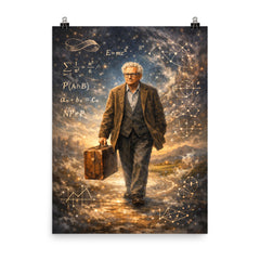 Paul Erdos wandering with suitcase and equations poster on a plain backdrop in size 8"x10".