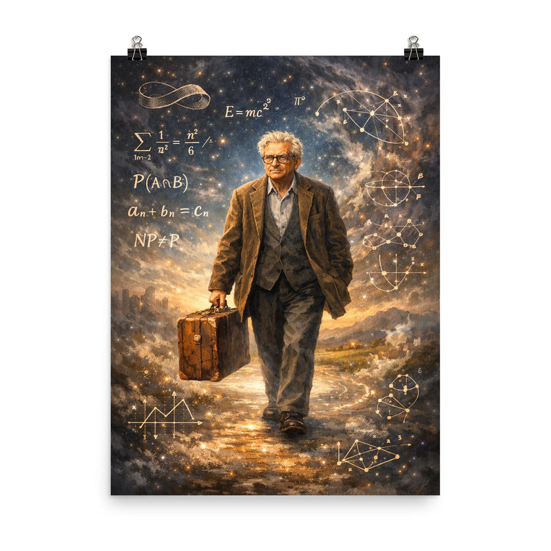 Paul Erdos wandering with suitcase and equations poster on a plain backdrop in size 8