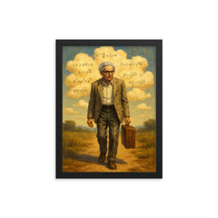 Paul Erdos wandering with suitcase and theorem clouds framed print on a plain backdrop in size 12"x16".