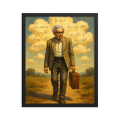 Paul Erdos wandering with suitcase and theorem clouds framed print on a plain backdrop in size 16"x20".