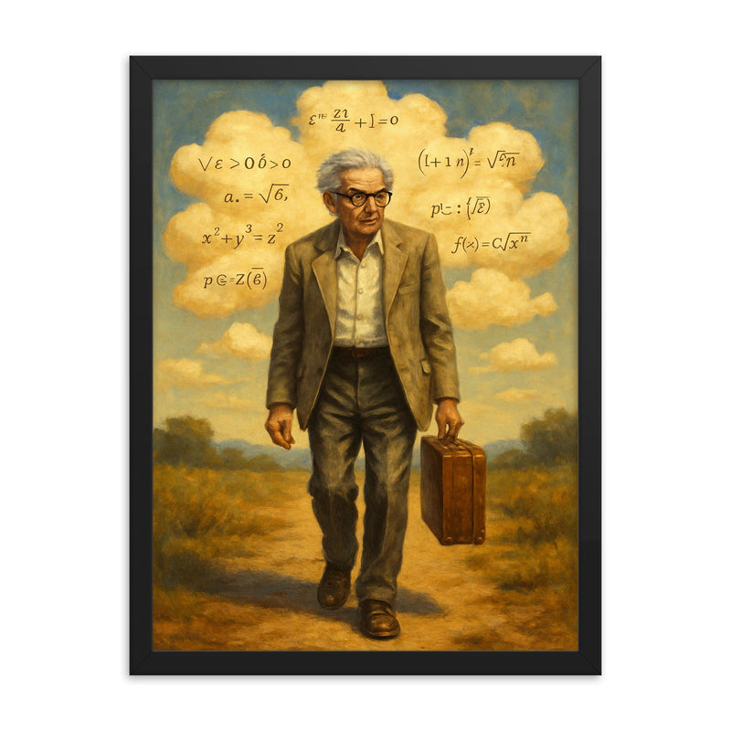 Paul Erdos wandering with suitcase and theorem clouds framed print on a plain backdrop in size 18