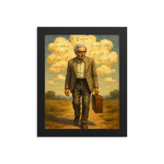 Paul Erdos wandering with suitcase and theorem clouds framed print on a plain backdrop in size 8"x10".