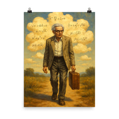 Paul Erdos wandering with suitcase and theorem clouds poster on a plain backdrop in size 8"x10".