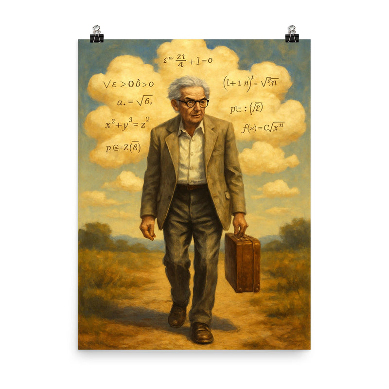 Paul Erdos wandering with suitcase and theorem clouds poster on a plain backdrop in size 8