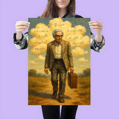 Paul Erdos wandering with suitcase and theorem clouds poster 3