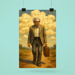Paul Erdos wandering with suitcase and theorem clouds poster 6