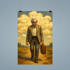 Paul Erdos wandering with suitcase and theorem clouds poster 9