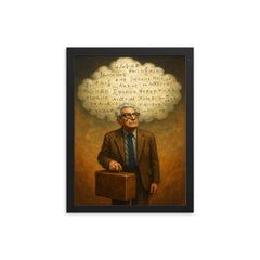 Paul Erdos with suitcase and theorem cloud framed print on a plain backdrop in size 12"x16".