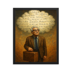 Paul Erdos with suitcase and theorem cloud framed print on a plain backdrop in size 16"x20".