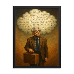 Paul Erdos with suitcase and theorem cloud framed print on a plain backdrop in size 18"x24".