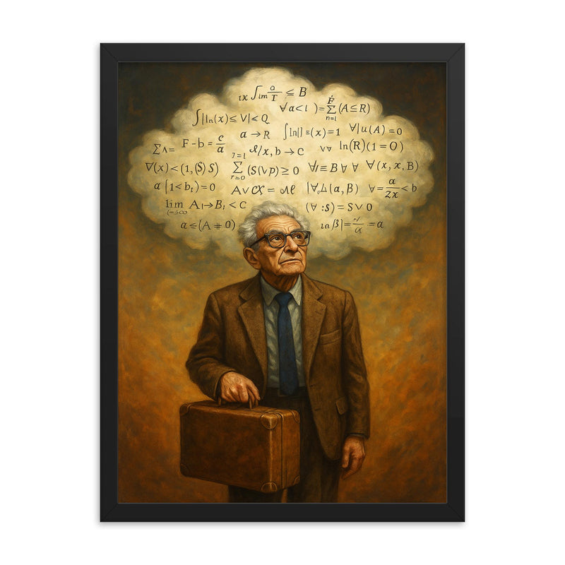 Paul Erdos with suitcase and theorem cloud framed print on a plain backdrop in size 18