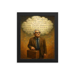 Paul Erdos with suitcase and theorem cloud framed print on a plain backdrop in size 8"x10".