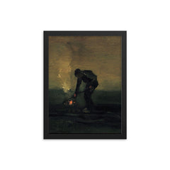 Peasant Burning Weeds by Vincent van Gogh, 1883 framed print on a plain backdrop in size 12"x16".