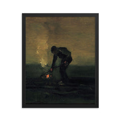 Peasant Burning Weeds by Vincent van Gogh, 1883 framed print on a plain backdrop in size 16"x20".