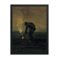Peasant Burning Weeds by Vincent van Gogh, 1883 framed print on a plain backdrop in size 18"x24".