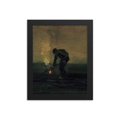 Peasant Burning Weeds by Vincent van Gogh, 1883 framed print on a plain backdrop in size 8"x10".