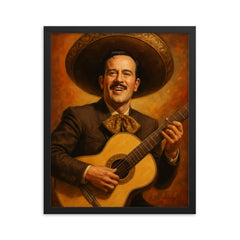 Pedro Infante playing his guitar framed print on a plain backdrop in size 16"x20".
