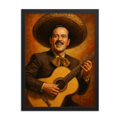 Pedro Infante playing his guitar framed print on a plain backdrop in size 18"x24".