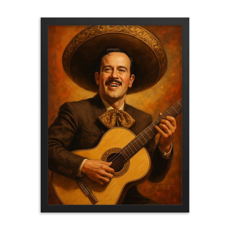 Pedro Infante playing his guitar framed print on a plain backdrop in size 18