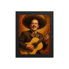 Pedro Infante playing his guitar framed print on a plain backdrop in size 8"x10".