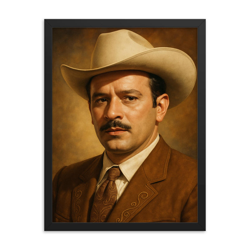 Pedro Infante portrait framed print on a plain backdrop in size 18