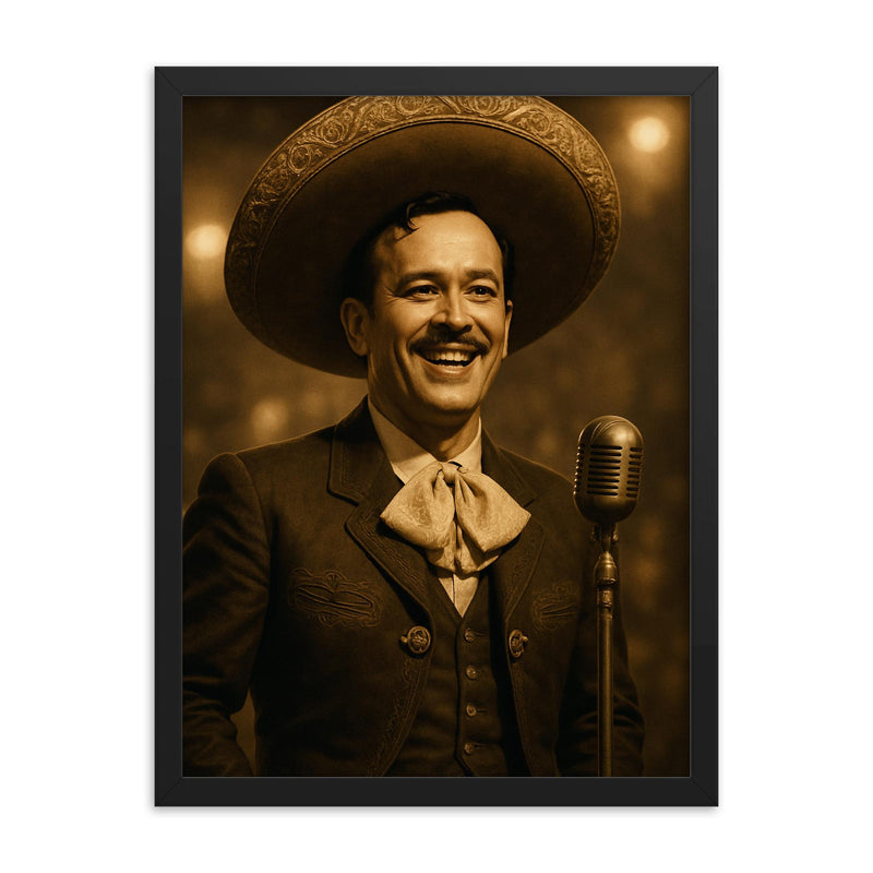Pedro Infante smiling on stage framed print on a plain backdrop in size 18