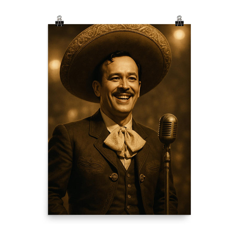 Pedro Infante smiling on stage poster on a plain backdrop in size 8