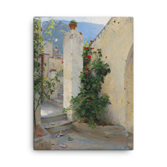 Pelargonium in Bloom by Peter Ilsted, 1891 canvas print on a plain backdrop in size 18"x24".