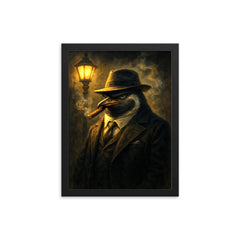 Penguin mafia boss in fedora puffing a cigar under streetlight haze framed print on a plain backdrop in size 12"x16".