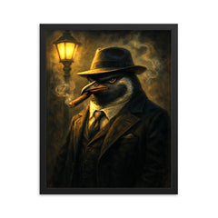 Penguin mafia boss in fedora puffing a cigar under streetlight haze framed print on a plain backdrop in size 16"x20".