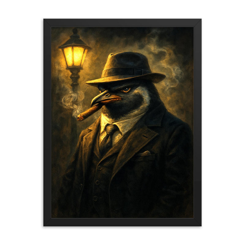 Penguin mafia boss in fedora puffing a cigar under streetlight haze framed print on a plain backdrop in size 18