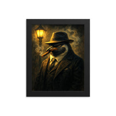 Penguin mafia boss in fedora puffing a cigar under streetlight haze framed print on a plain backdrop in size 8"x10".