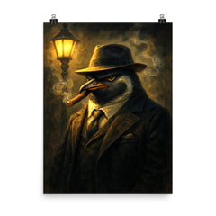 Penguin mafia boss in fedora puffing a cigar under streetlight haze poster on a plain backdrop in size 8"x10".