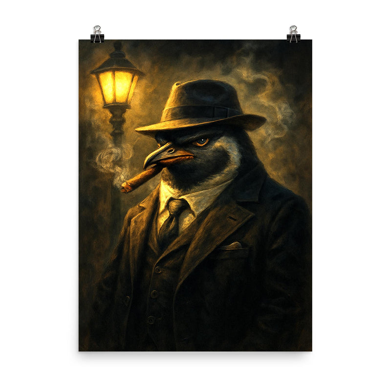 Penguin mafia boss in fedora puffing a cigar under streetlight haze poster on a plain backdrop in size 8