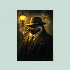 Penguin mafia boss in fedora puffing a cigar under streetlight haze poster 8