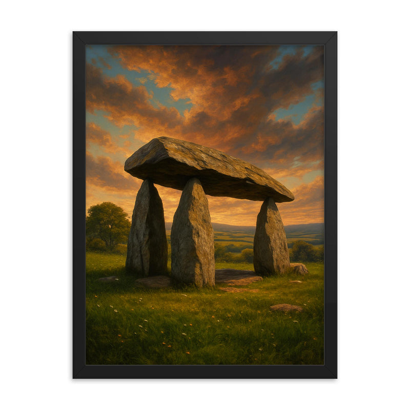 Pentre Ifan Dolmen Wales framed print on a plain backdrop in size 18