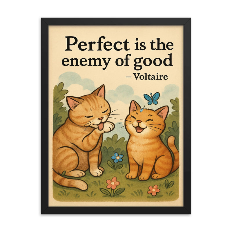 Perfect is the enemy of good Voltaire perfectionist cat grooming good enough cat friends framed print on a plain backdrop in size 18