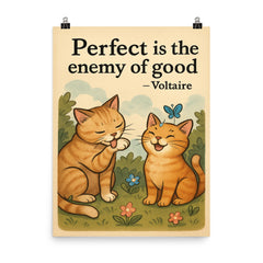 Perfect is the enemy of good Voltaire perfectionist cat grooming good enough cat friends poster on a plain backdrop in size 8"x10".