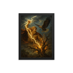 Perun striking oak with lightning and eagle framed print on a plain backdrop in size 12"x16".