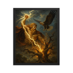 Perun striking oak with lightning and eagle framed print on a plain backdrop in size 16"x20".