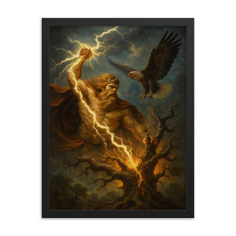 Perun striking oak with lightning and eagle framed print on a plain backdrop in size 18