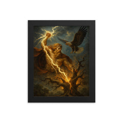 Perun striking oak with lightning and eagle framed print on a plain backdrop in size 8"x10".