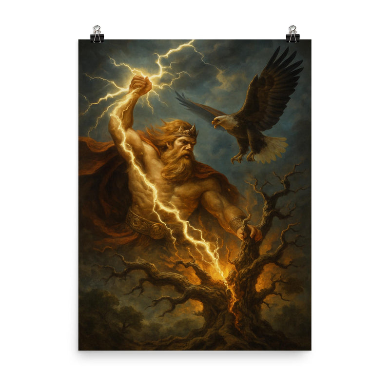 Perun striking oak with lightning and eagle poster on a plain backdrop in size 8