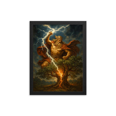 Perun striking oak with sacred lightning framed print on a plain backdrop in size 12"x16".