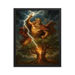 Perun striking oak with sacred lightning framed print on a plain backdrop in size 16"x20".