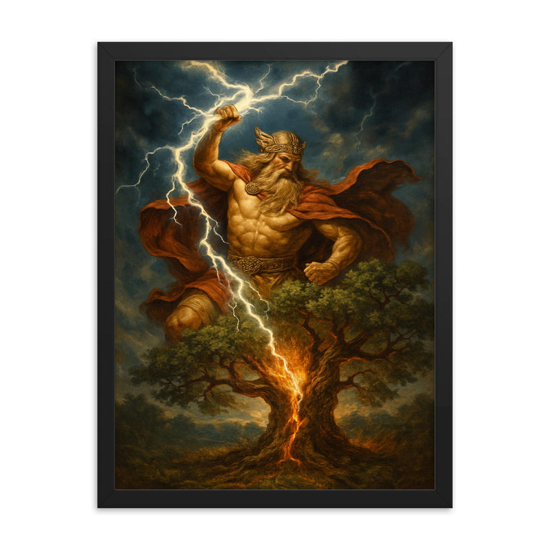 Perun striking oak with sacred lightning framed print on a plain backdrop in size 18
