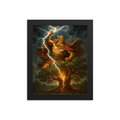 Perun striking oak with sacred lightning framed print on a plain backdrop in size 8"x10".