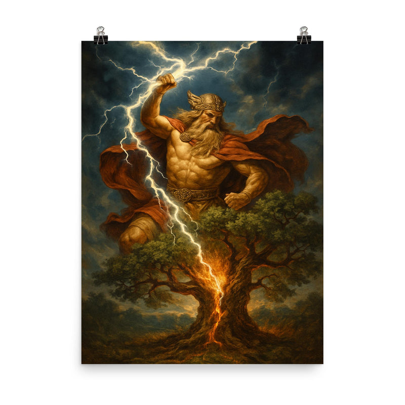 Perun striking oak with sacred lightning poster on a plain backdrop in size 8