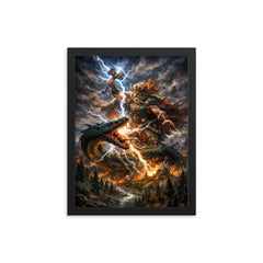 Perun striking the serpent over Slavic forest framed print on a plain backdrop in size 12"x16".