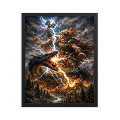 Perun striking the serpent over Slavic forest framed print on a plain backdrop in size 16"x20".